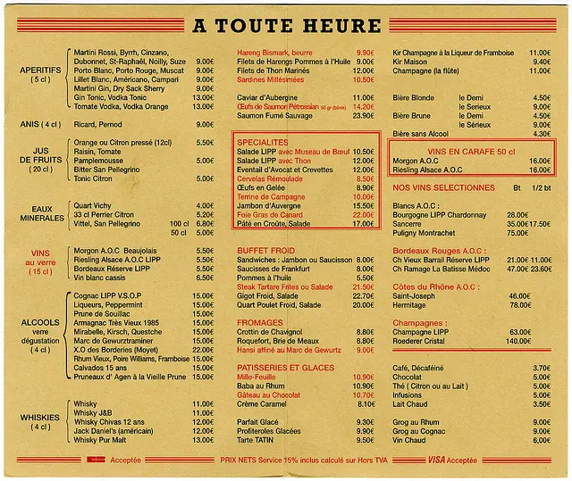 O tradicional cardápio da brasserie.