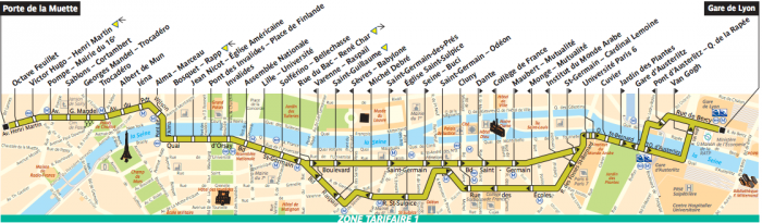 Mapa do trajeto do ônibus 63, em Paris.
