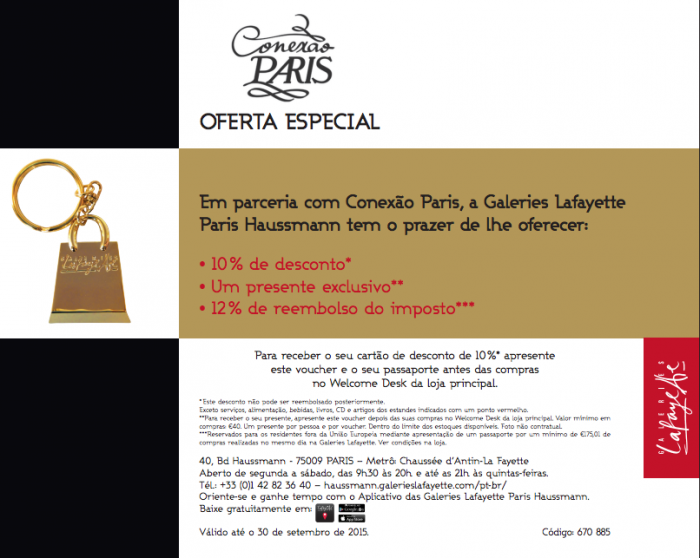 Clique aqui para imprimir o voucher de descontos na Galeries Lafayette.