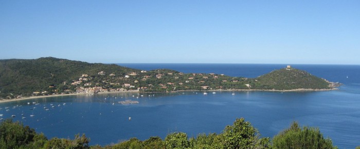 Praia de Campomoro, com sua torre genovesa no alto da colina. Foto de Houbazure no Flickr