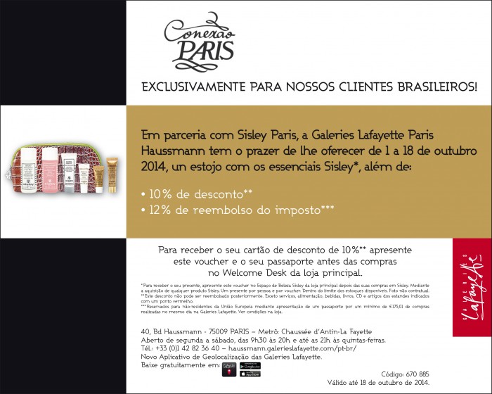 Oferta Sisley e Galeries Lafayette para brasileiros