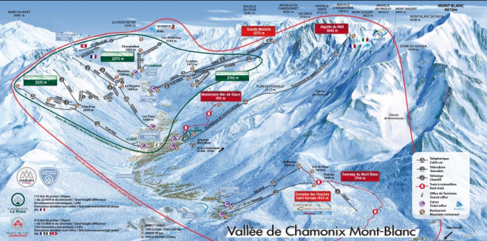 Mapa das pistas de ski em Chamonix.