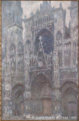 La cathedral de Rouen, de Claude Monet, com tempo nublado. A mesma tela foi pintada pelo artista inúmeras vezes, retratando a catedral em diferentes dias e tempos.
