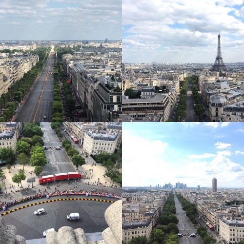 Várias vistas que se tem do alto do arco do Triunfo: Place de la Concorde, Torre Eiffel, La Défense…